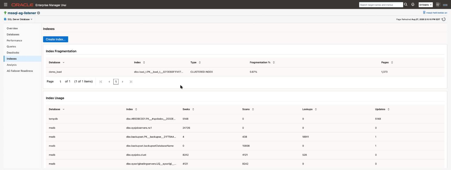 The Indexes page, showing index fragmentation and index usage for a monitored instance