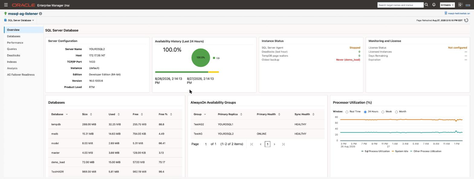 The Overview page showing the server configuration, availability history, instance status, monitoring and licence, database space, availability group and processor utilisation cards