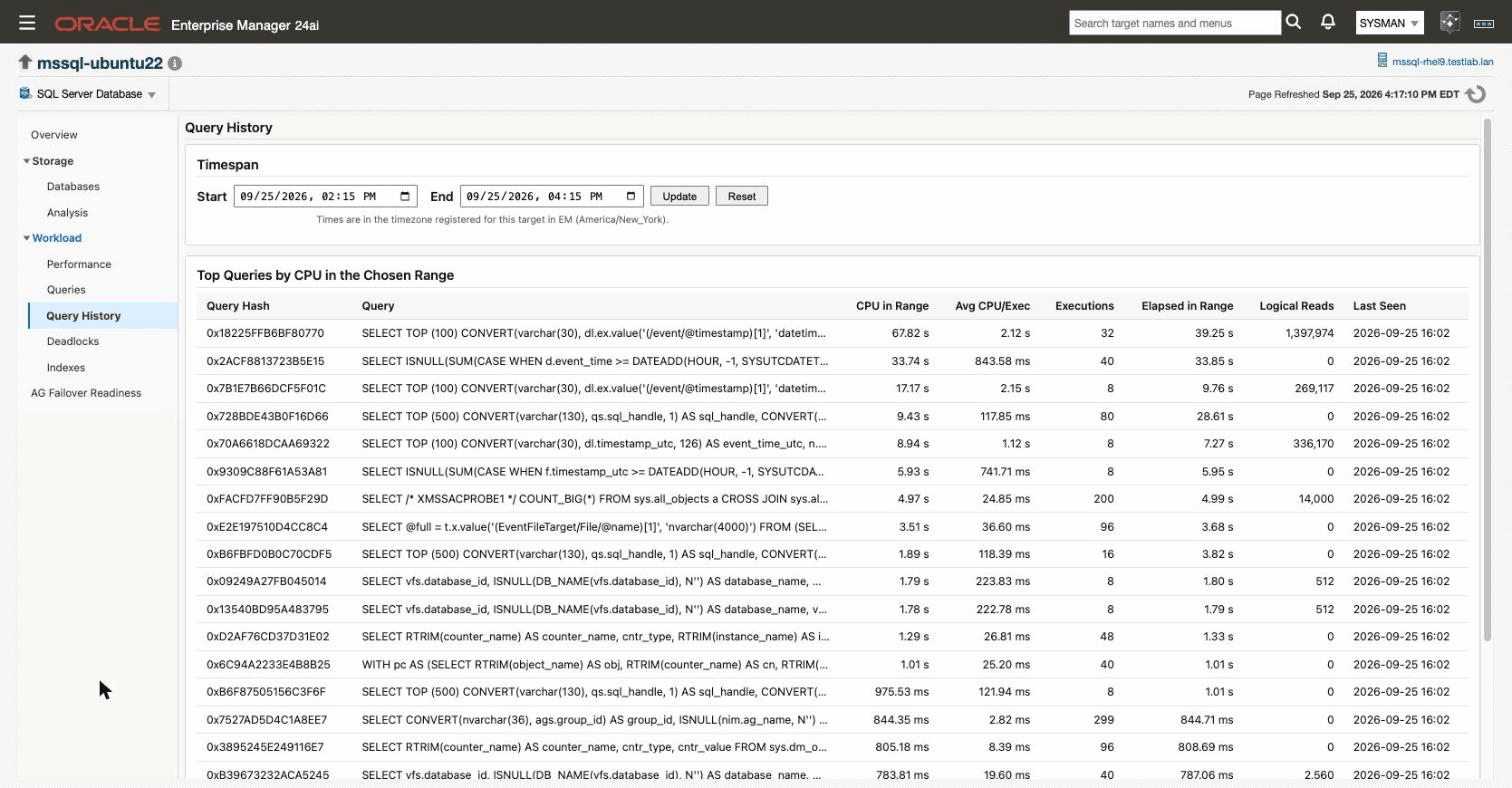 The Query History page, showing the Timespan panel above the top queries by CPU for the chosen range