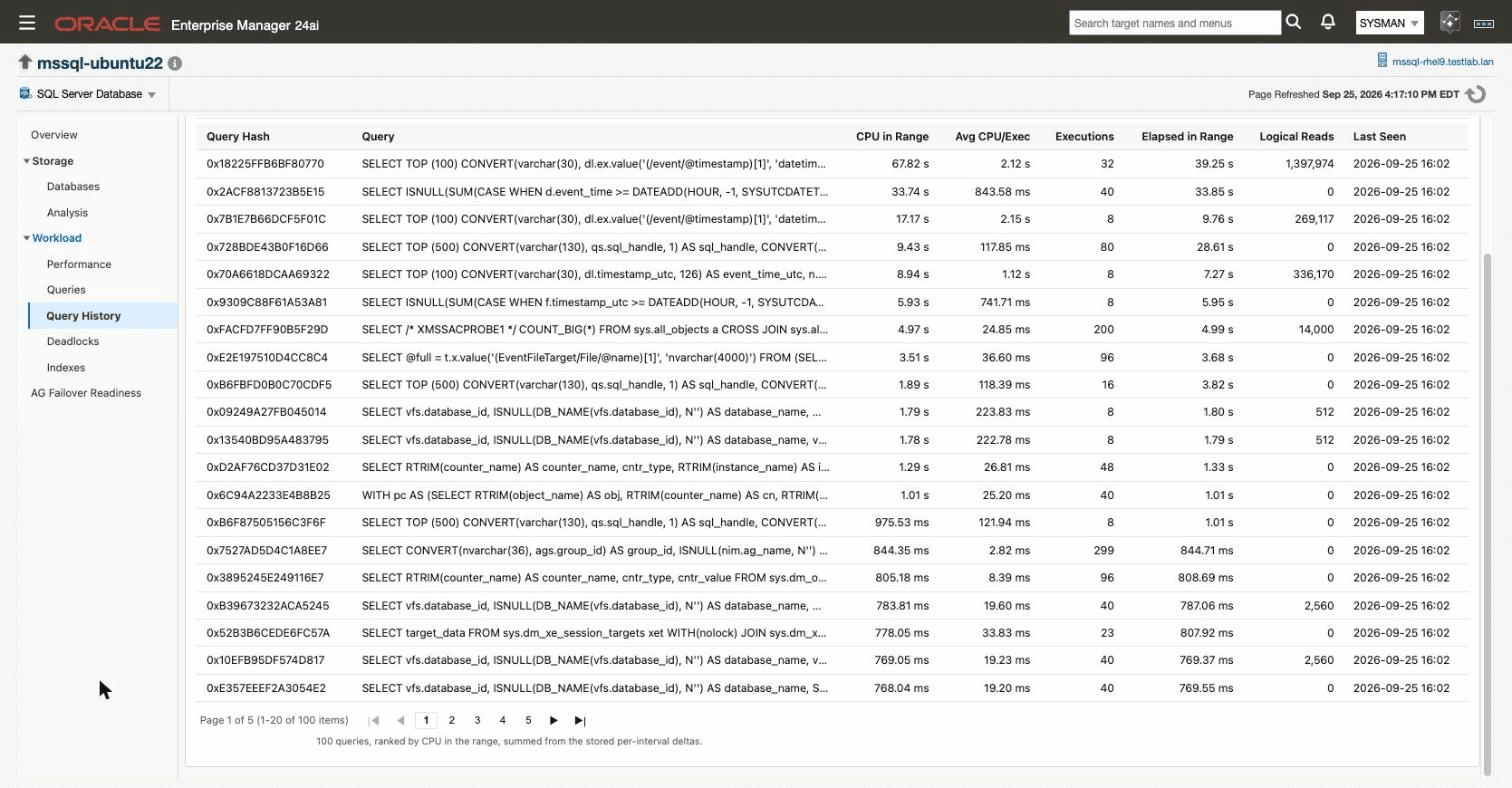 The foot of the Query History table, showing the pager and the row count for the chosen range
