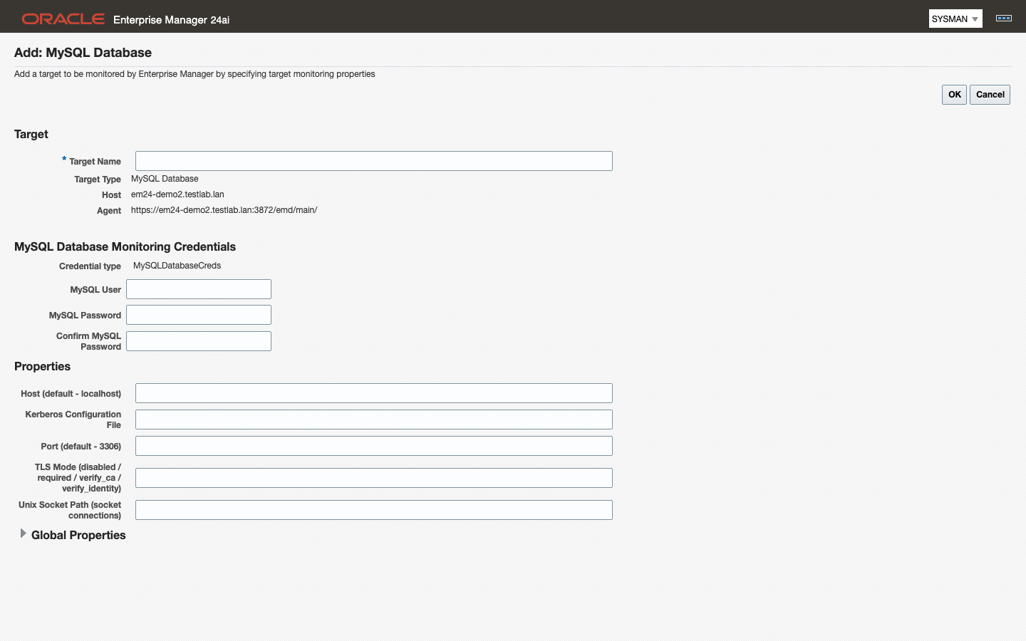 Add Target Manually — declarative property form for a MySQL Database target