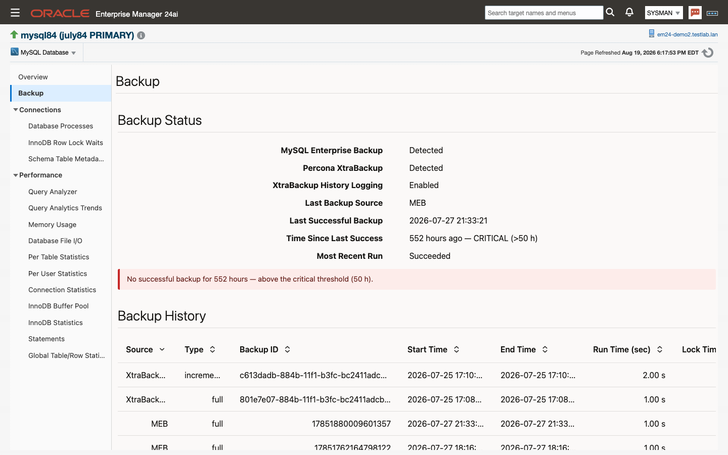 MySQL Database backup page