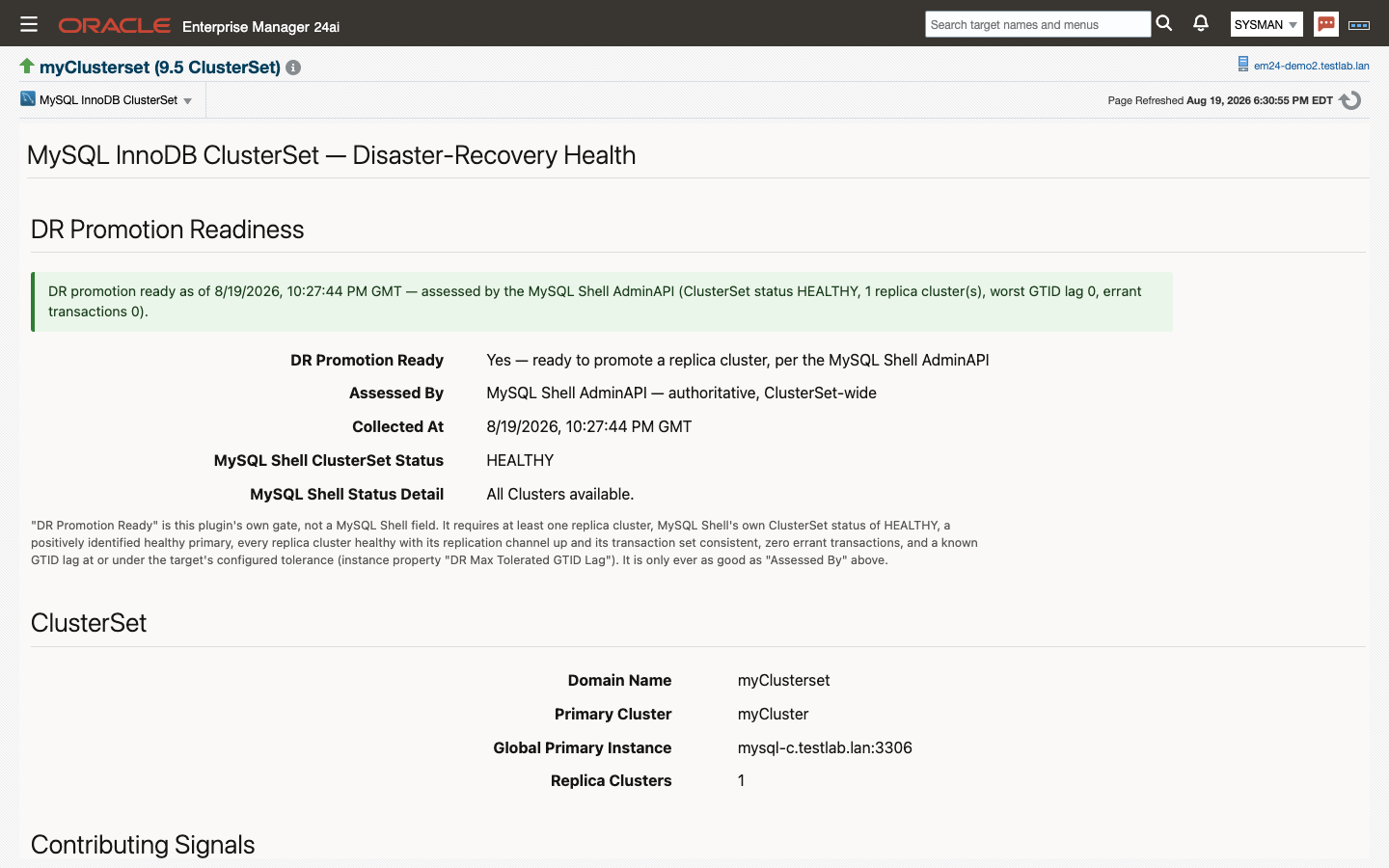 MySQL InnoDB ClusterSet DR Health page