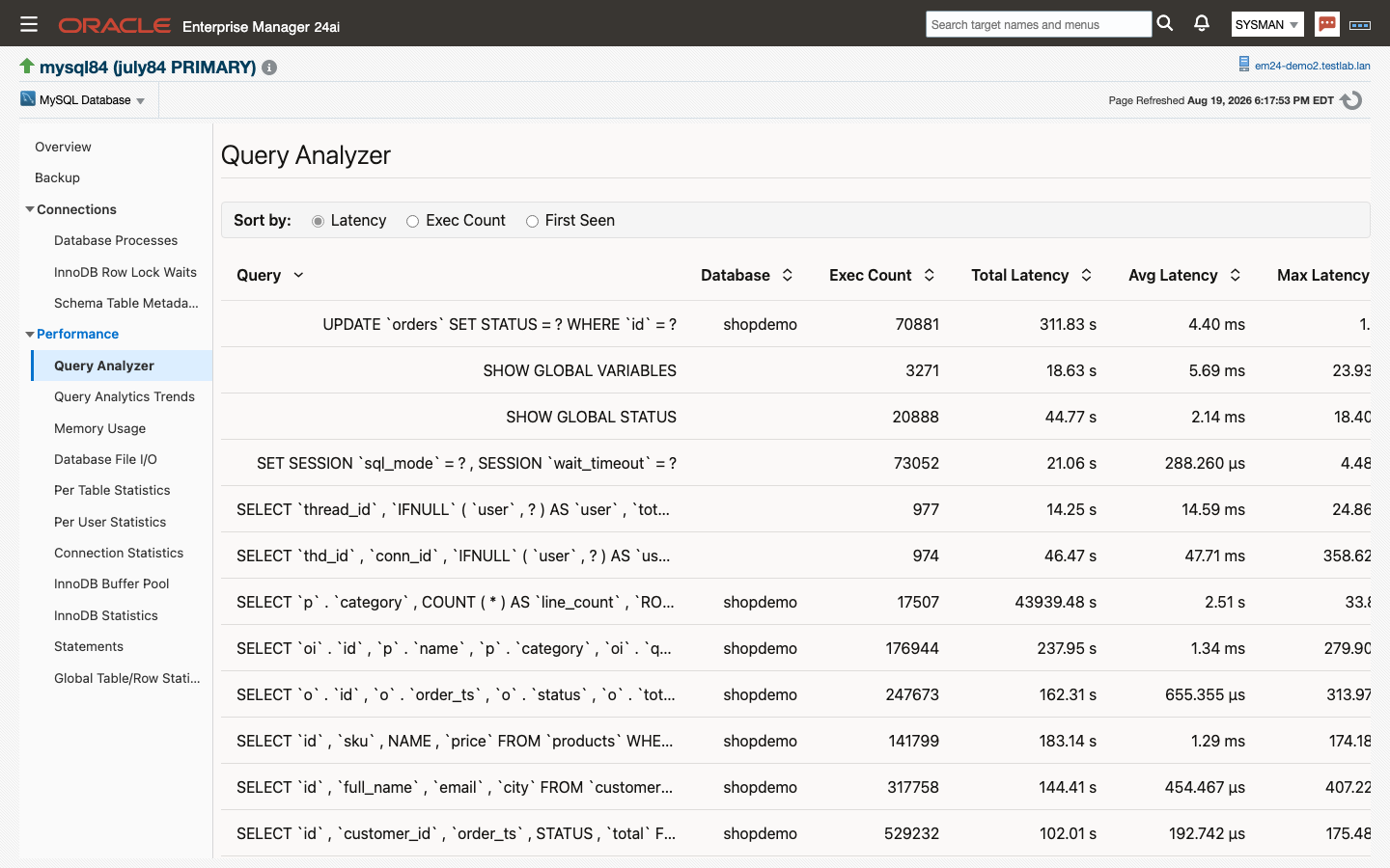 MySQL Database Query Analyzer page