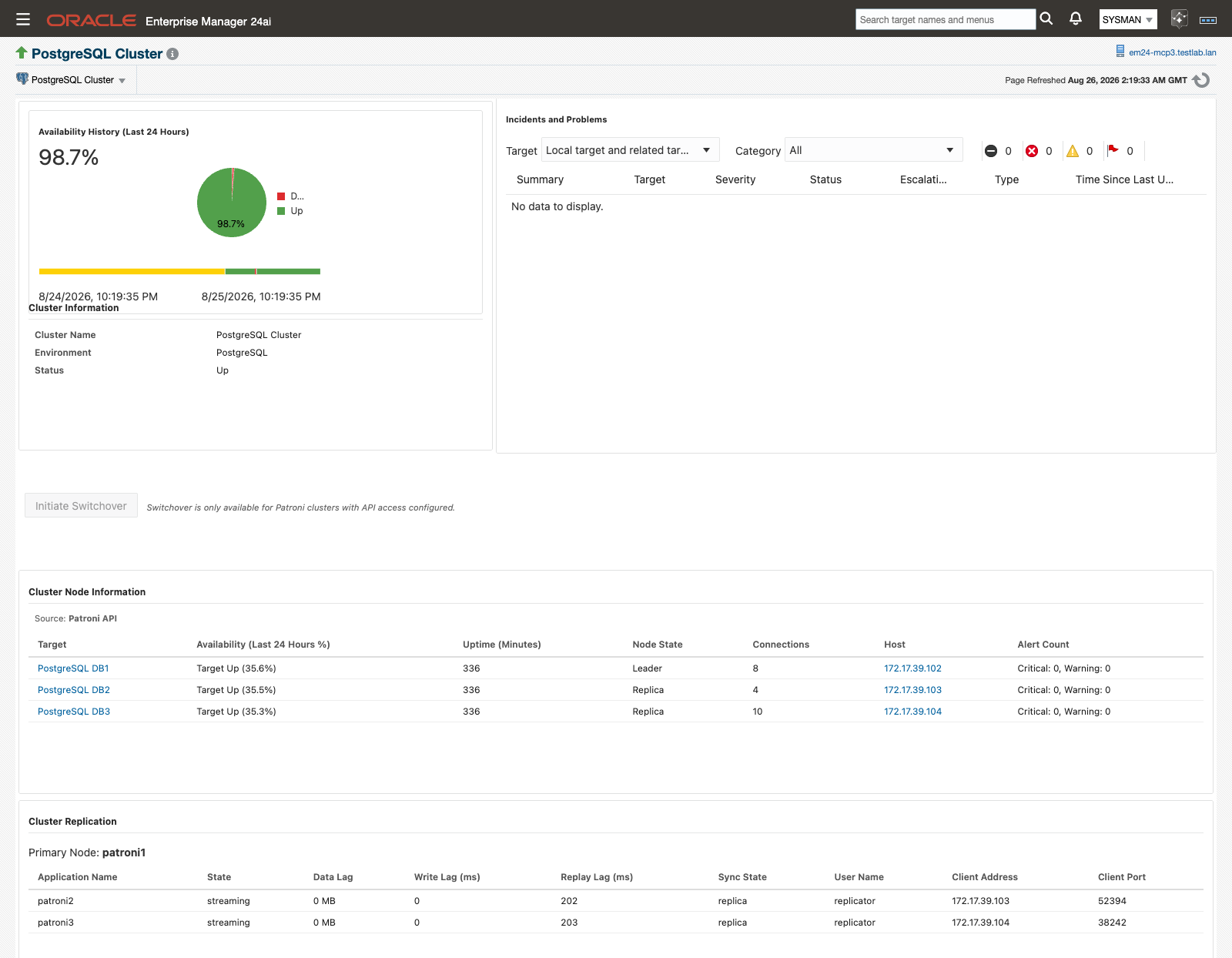 The PostgreSQL Cluster target home page showing Cluster Information, Cluster Node Information, and Cluster Replication