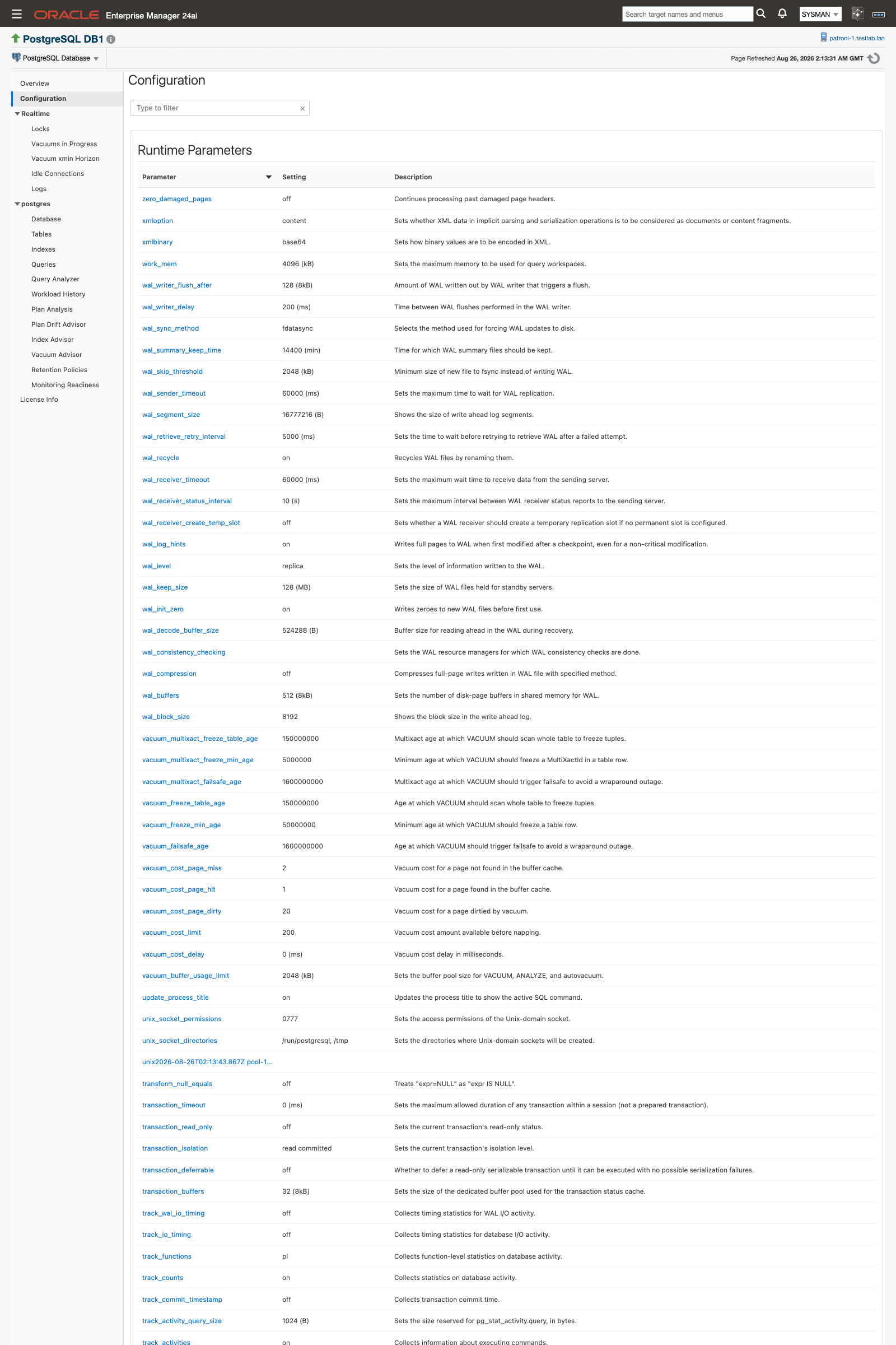 The Configuration page listing runtime parameters with their current, boot, and reset values