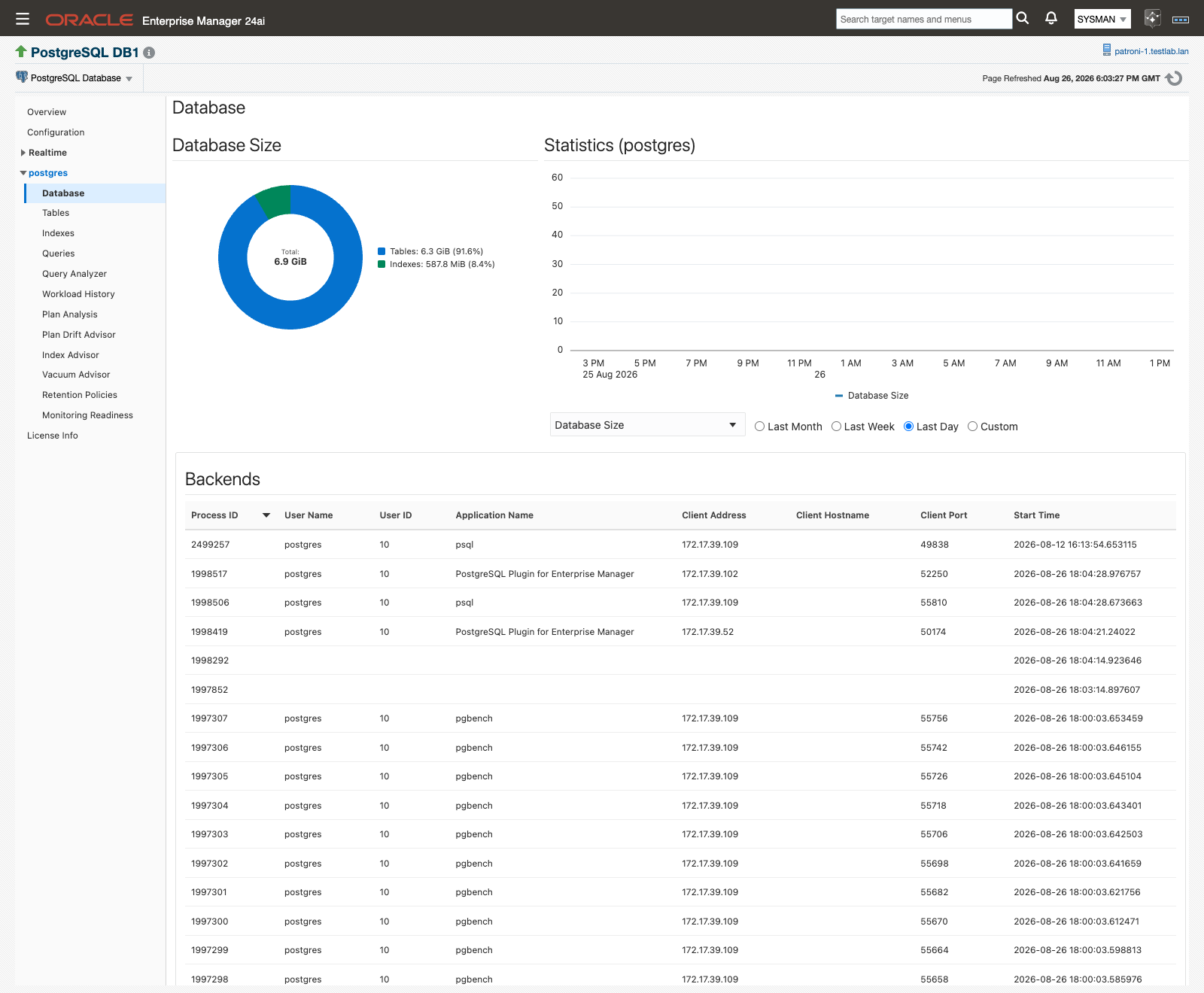 The Database page showing Database Size and Statistics charts above the Backends table