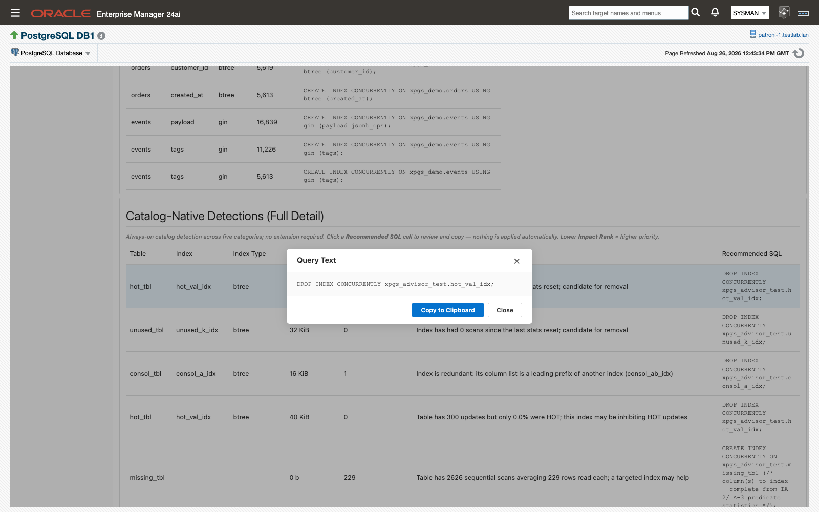 The recommendation SQL dialog with the full CREATE INDEX CONCURRENTLY statement and a Copy to Clipboard button
