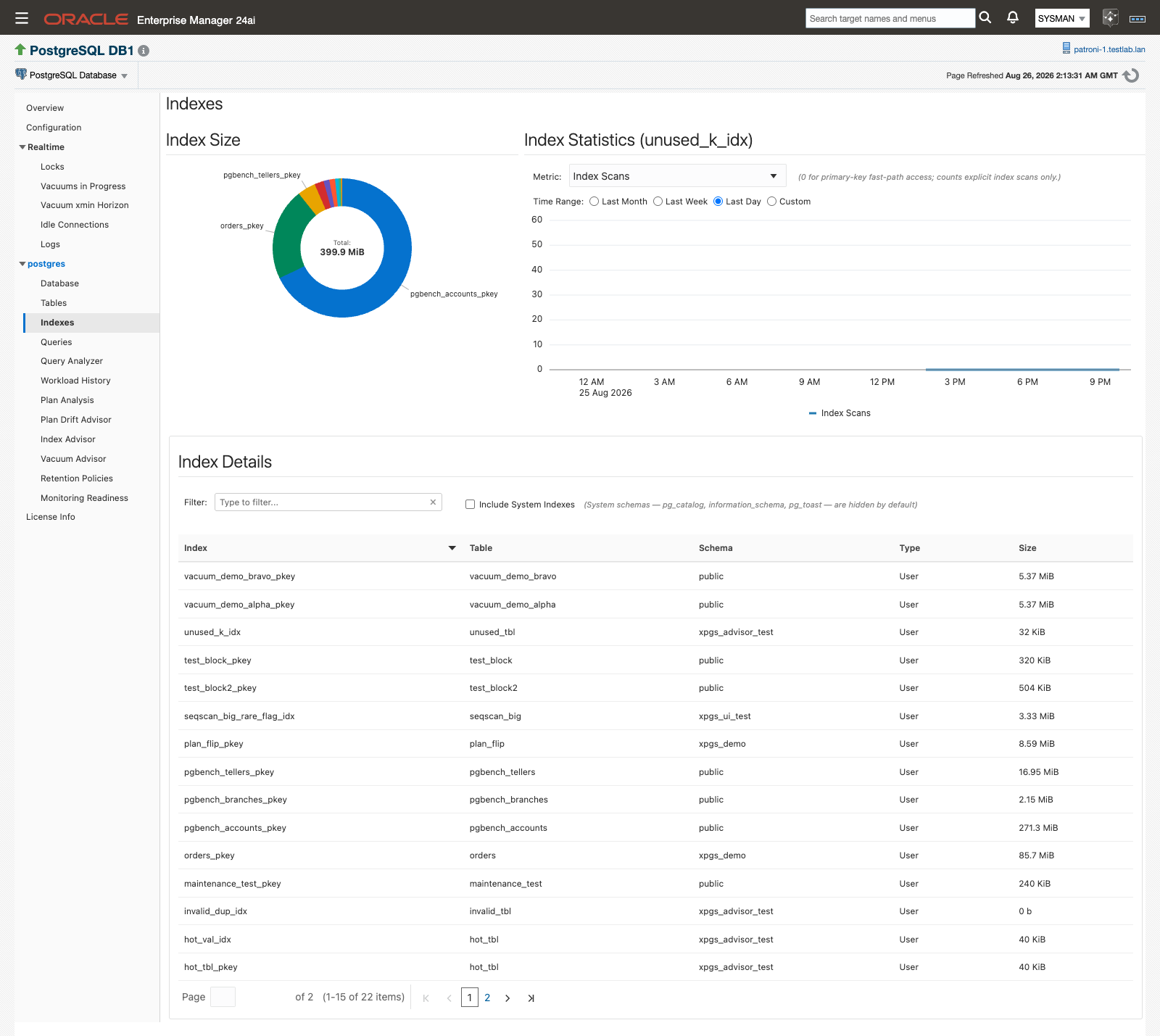 The Indexes page showing index size and statistics charts above the Index Details list