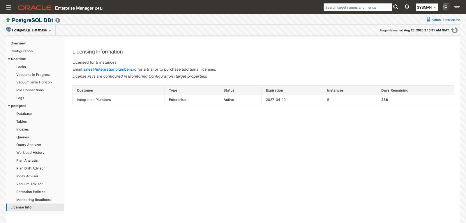 The License Info page showing the license table with Customer, Type, Status, Expiration, Instances, and Days Remaining