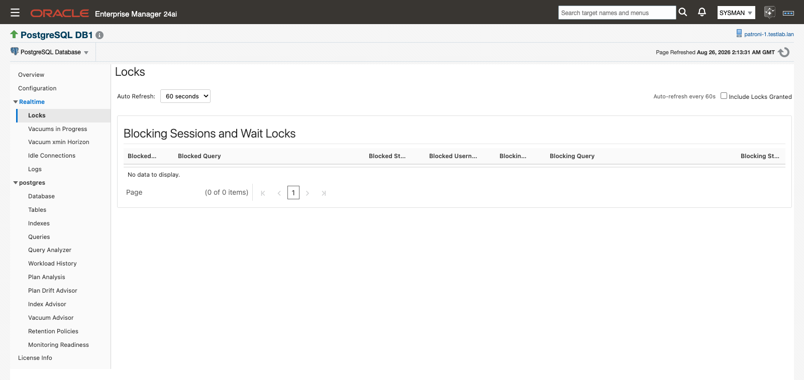 The Locks page listing blocked and blocking sessions