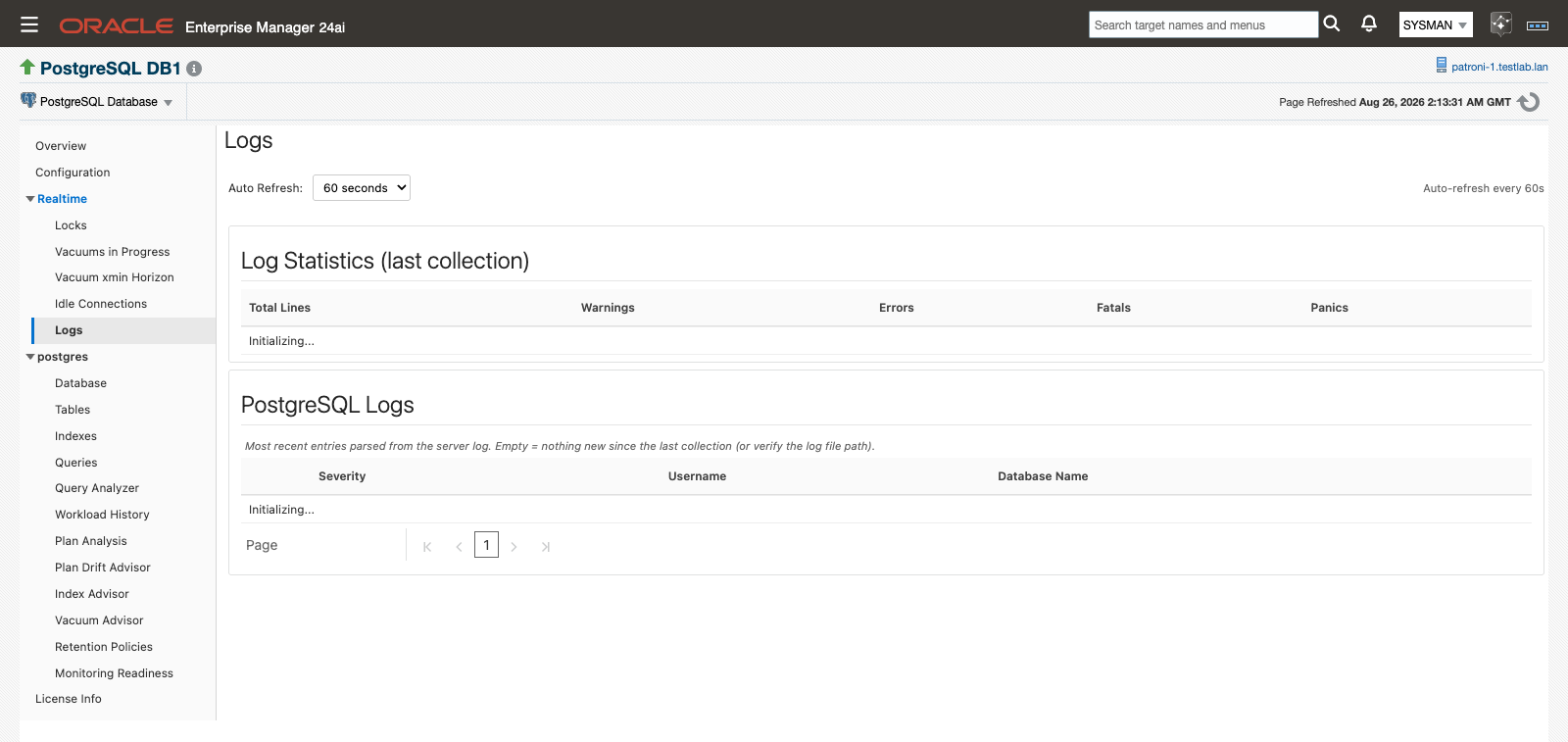 The Logs page showing Log Statistics and the most recent parsed log entries