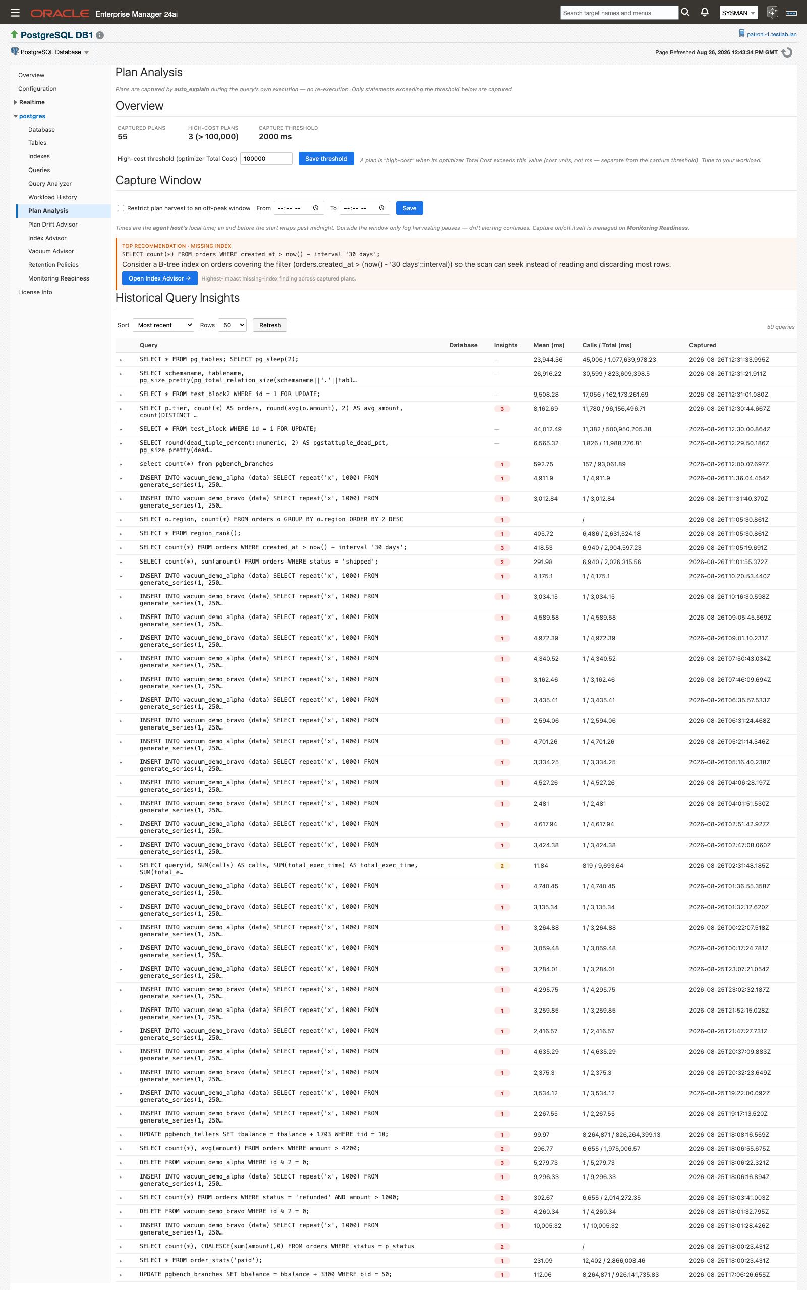 The Plan Analysis page showing the Overview KPI tiles, the Capture Window editor, and the Historical Query Insights list
