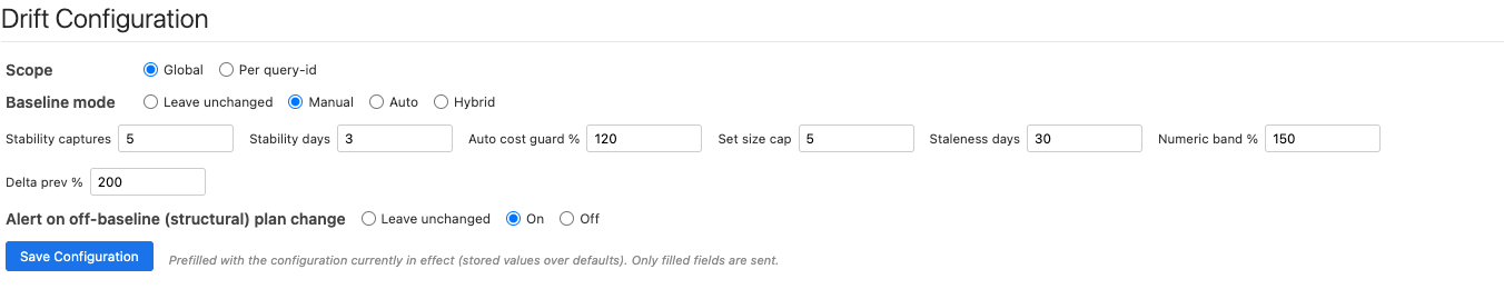 The Drift Configuration panel with scope, baseline mode, and the drift knobs