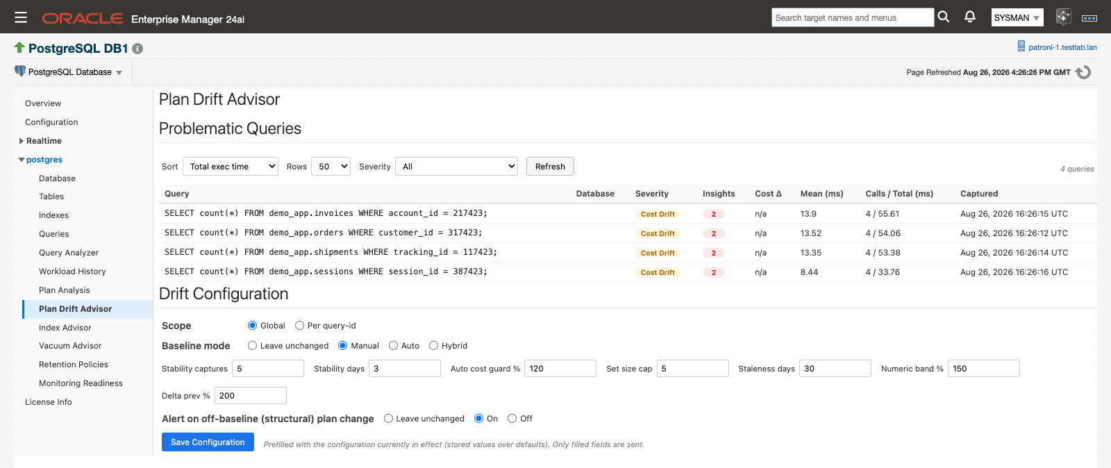 The Problematic Queries list on the Plan Drift Advisor page