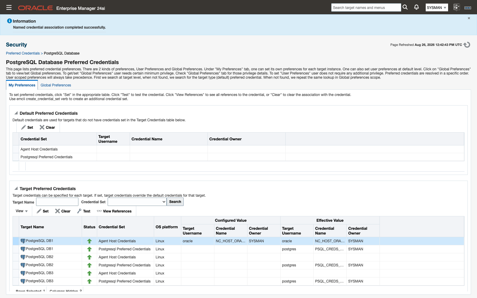 The PostgreSQL Database Preferred Credentials page with Agent Host Credentials set for a target