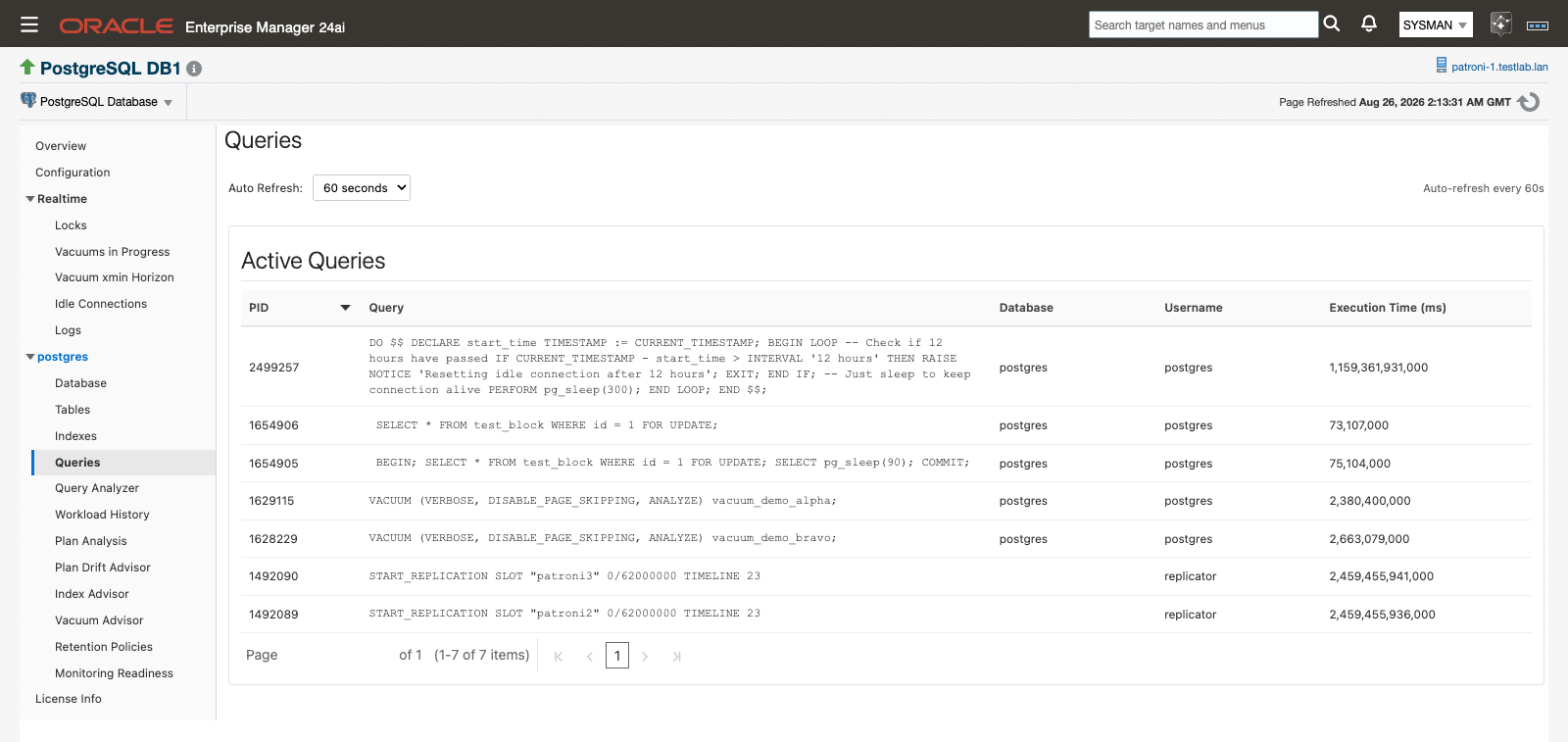 The Queries page listing currently executing queries with PID, database, username, and execution time