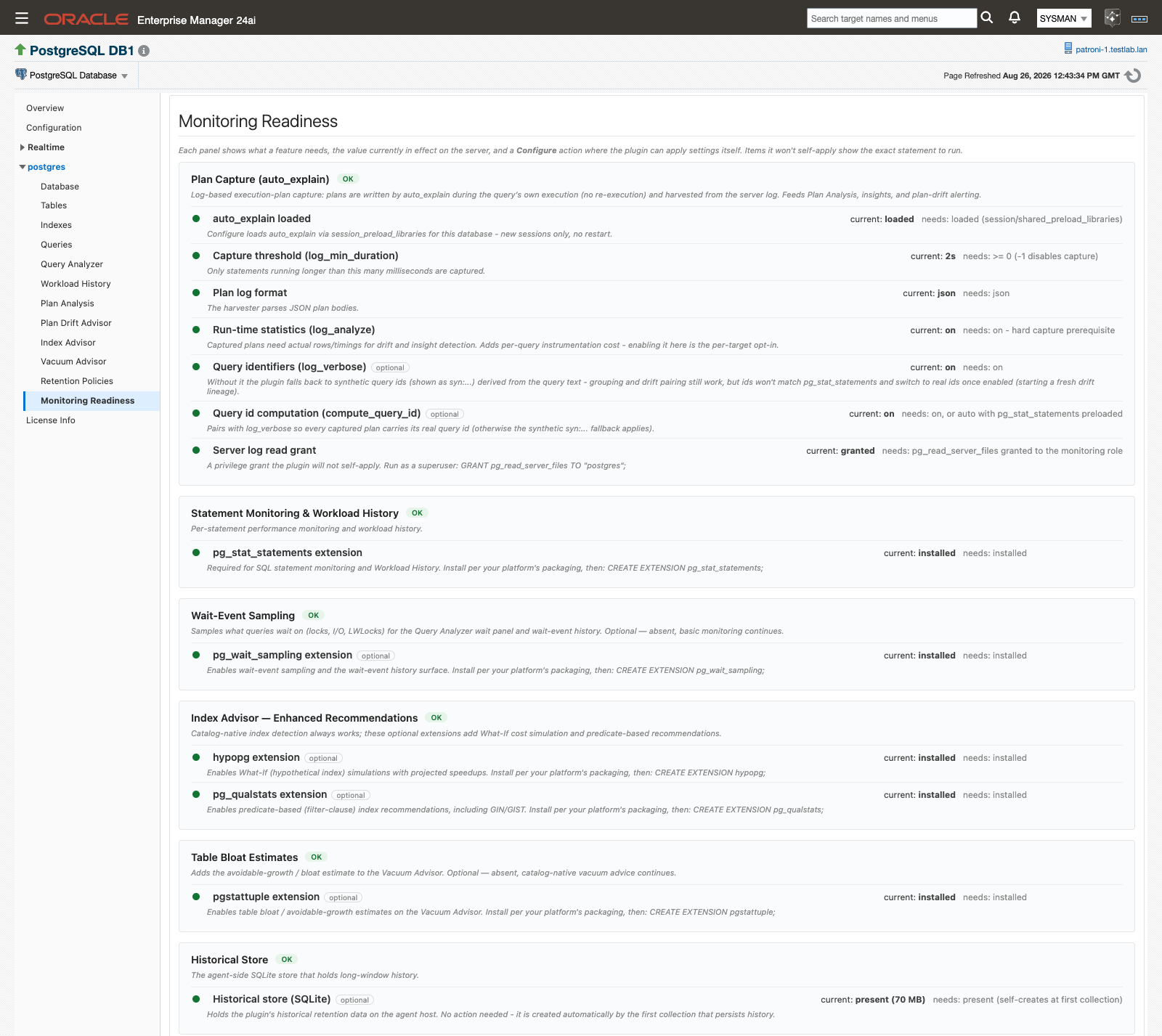 The Monitoring Readiness page, showing one panel per feature with its live server values