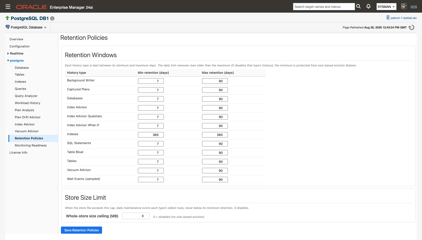 The Retention Policies page with the Retention Windows table and Store Size Limit section