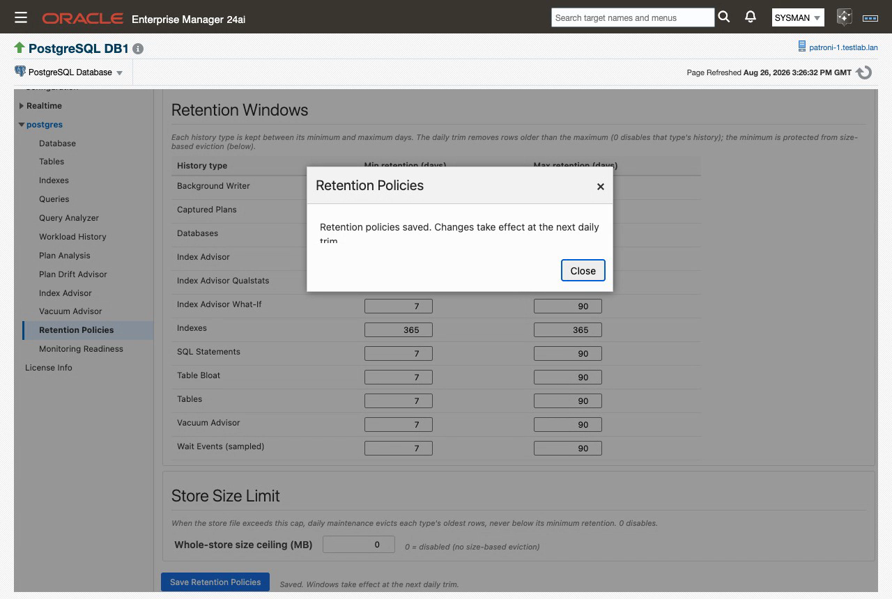 The Retention Policies page after a save, with the confirmation message
