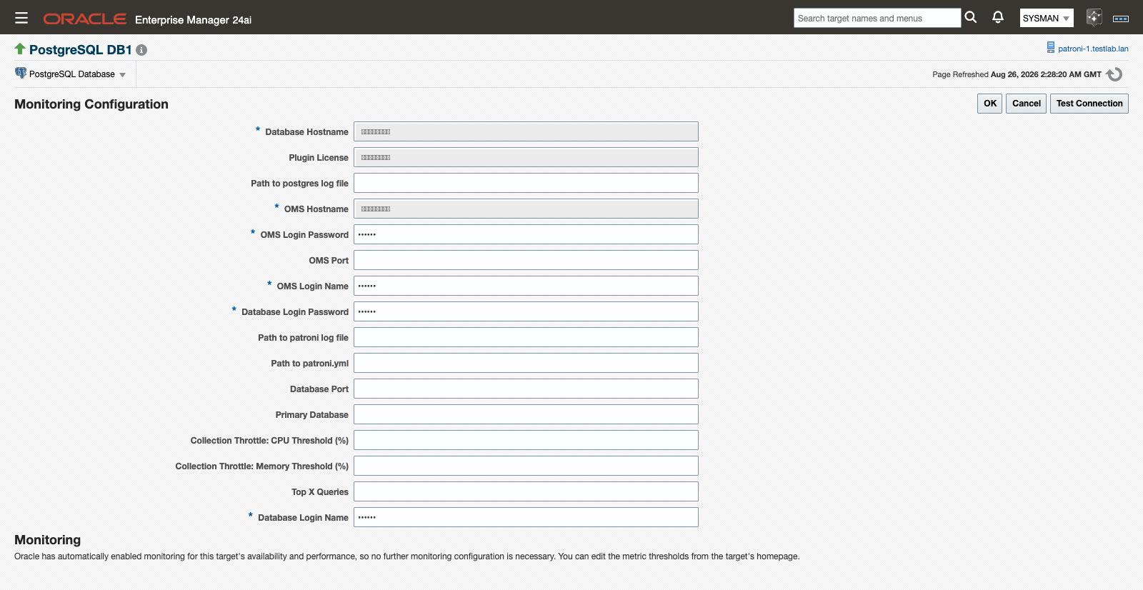 Monitoring Configuration showing the collection throttle properties