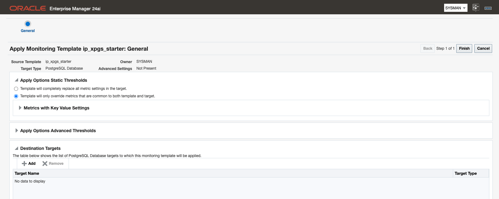 Applying an imported template to a PostgreSQL Database target