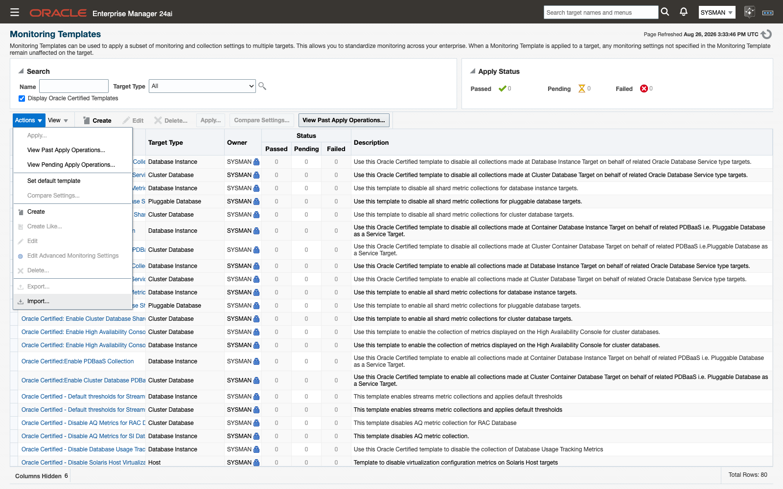 The Monitoring Templates page with the Import action selected