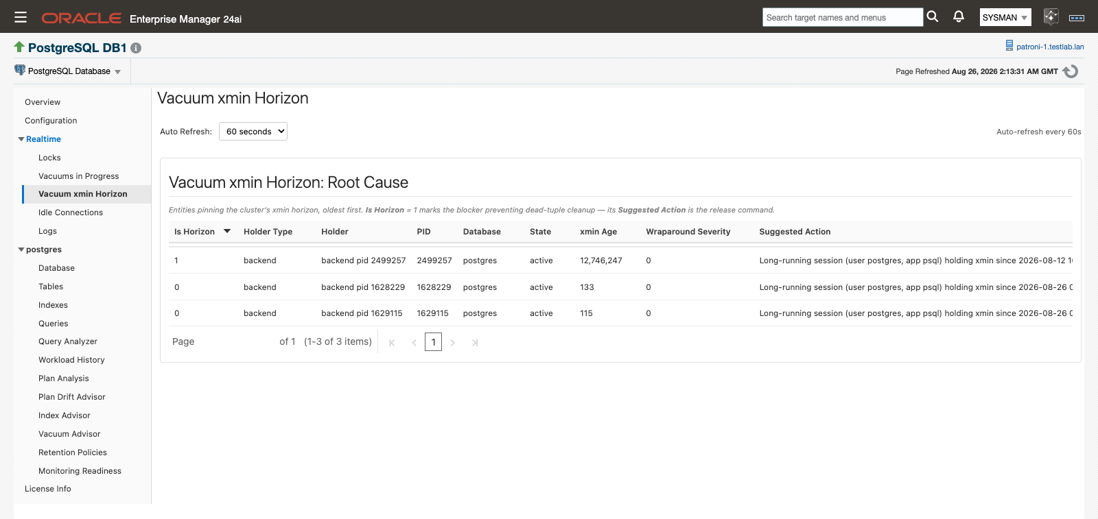 The Realtime Vacuum xmin Horizon page listing holders with Is Horizon, xmin Age and Suggested Action