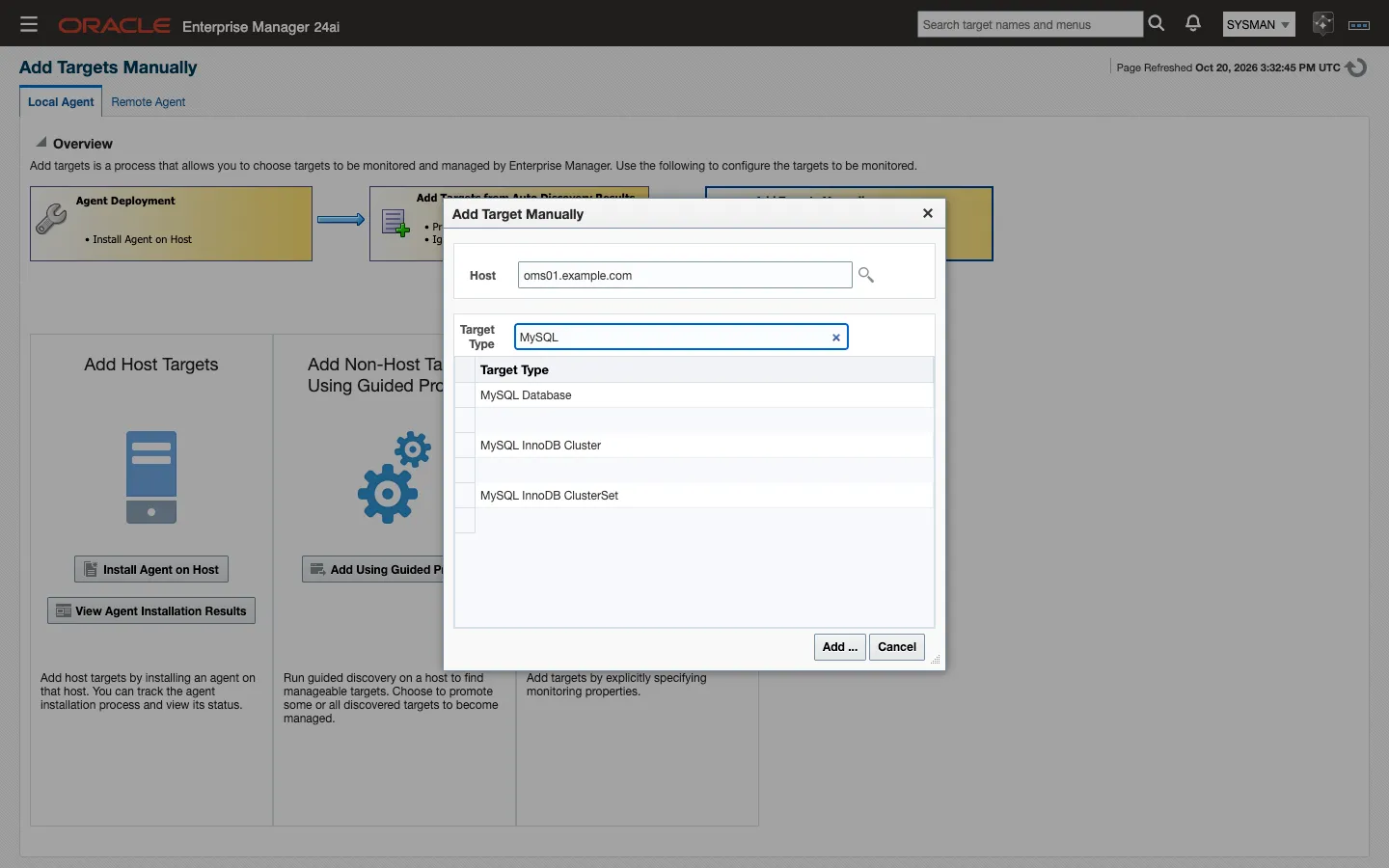 The Add Target Manually dialog with the agent host chosen and the Target Type list filtered to the three MySQL types