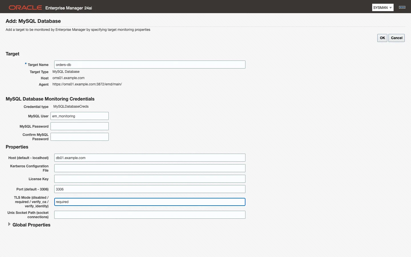 The Add MySQL Database page: the MySQL User and MySQL Password credentials, then the Host, Kerberos Configuration File, License Key, Port, TLS Mode and Unix Socket Path properties, with OK and Cancel at the top right