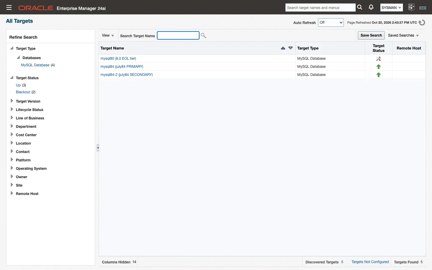 All Targets filtered to the MySQL Database target type, with each target's status and the agent that monitors it