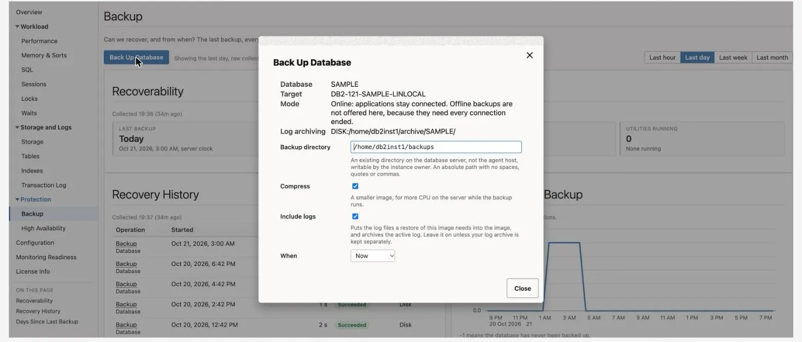 Back Up Database dialog: database, target, mode and log archiving, then the backup directory, Compress, Include logs and When