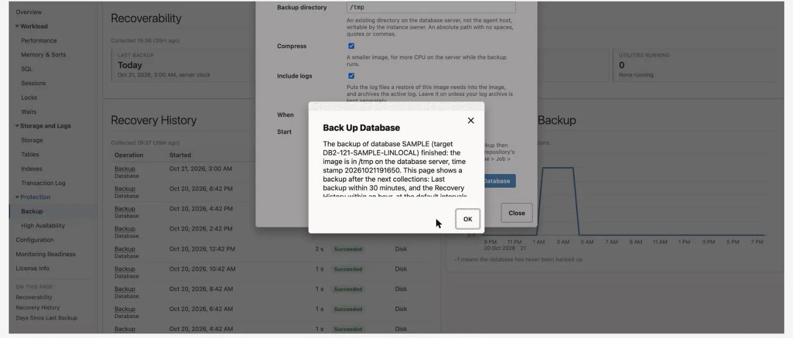 The answer to a backup run now: Db2's time stamp for the image, where it is, and when the page will show it