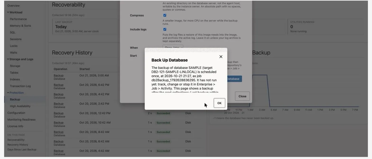 The answer to a scheduled backup: when it will run, its job name, and where to track, change or stop it