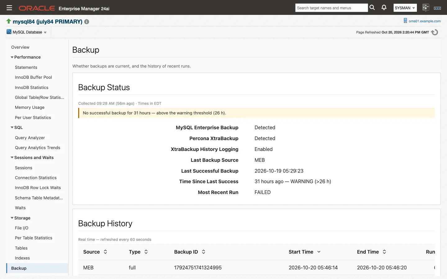 The Backup page: backup status with the warning banner for a backup older than the threshold, the detected tools, and the backup history grid
