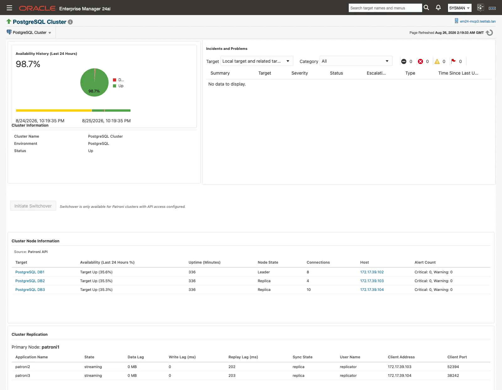 The PostgreSQL Cluster target home page showing Cluster Information, Cluster Node Information, and Cluster Replication