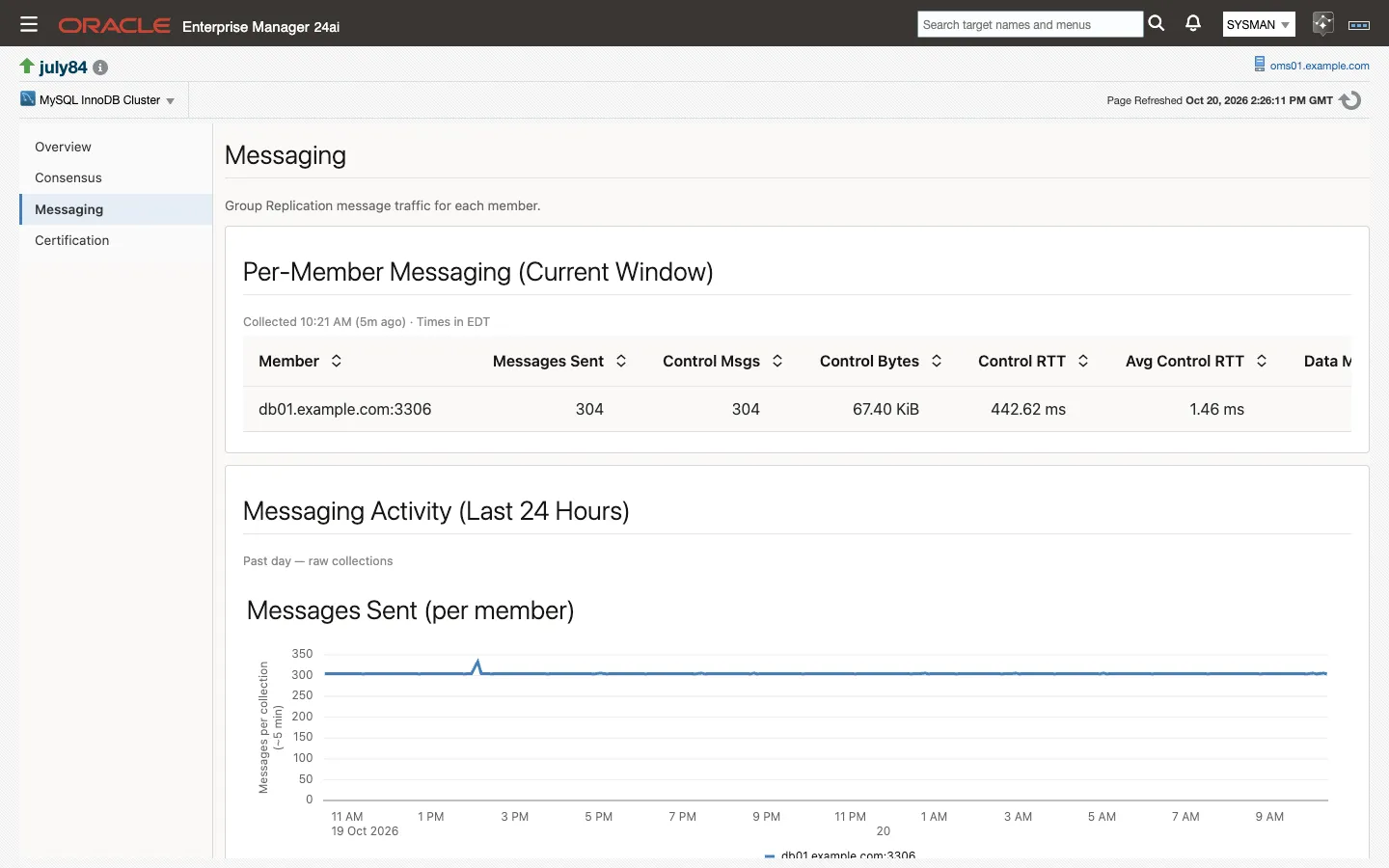 The Messaging page: per-member messages sent, control messages and round-trip times, and the messages chart over the last 24 hours