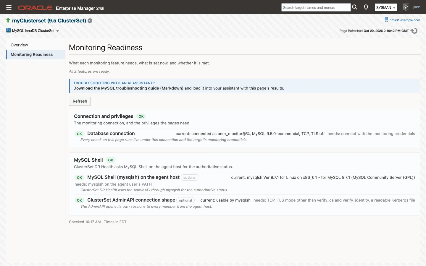 The ClusterSet Monitoring Readiness page: the database connection and the MySQL Shell checks, all OK