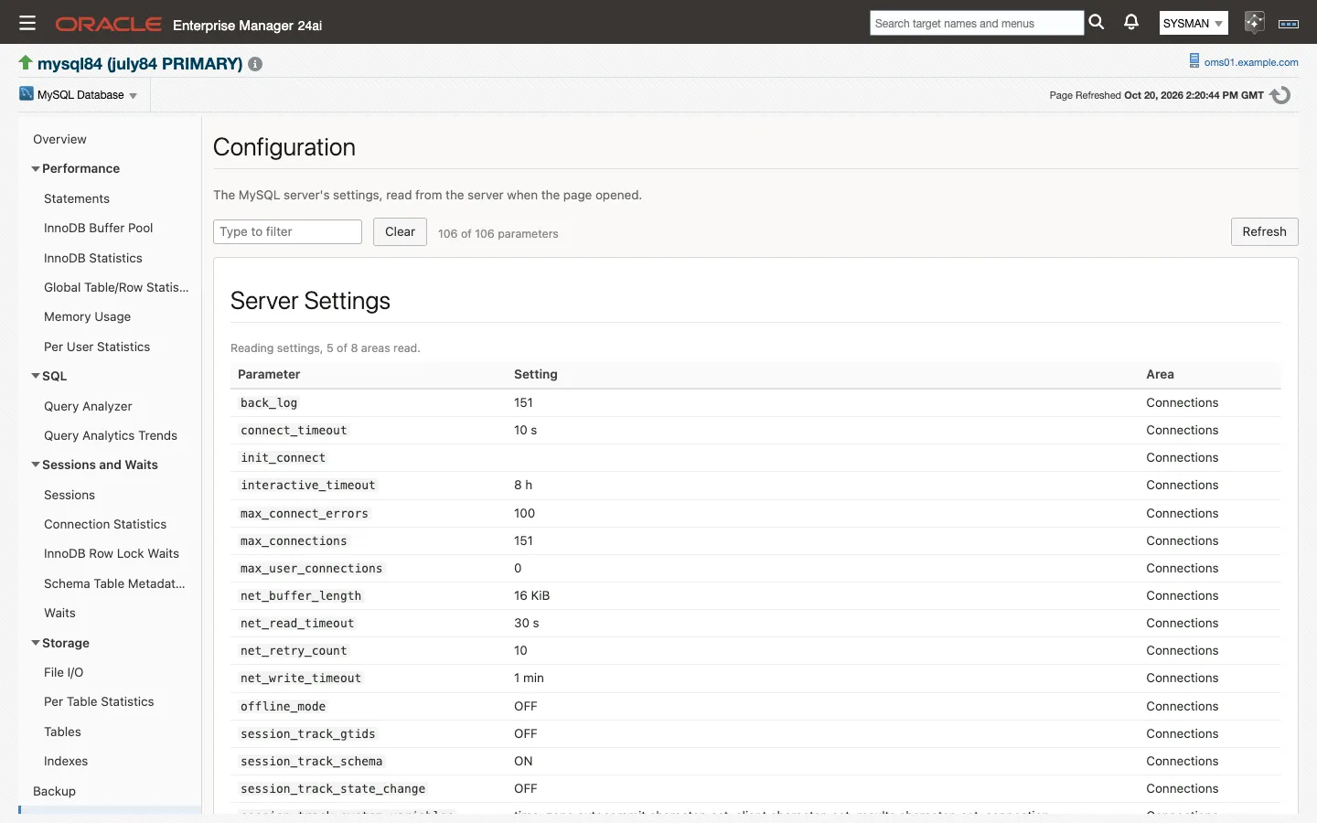 The Configuration page: the server settings table with the filter box and the parameter count