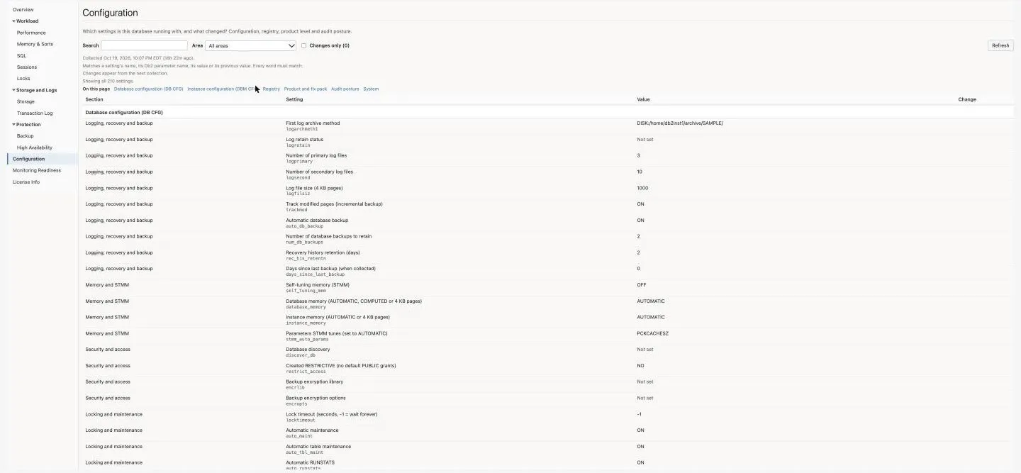 Configuration page: search, area filter, Changes only, and the settings table