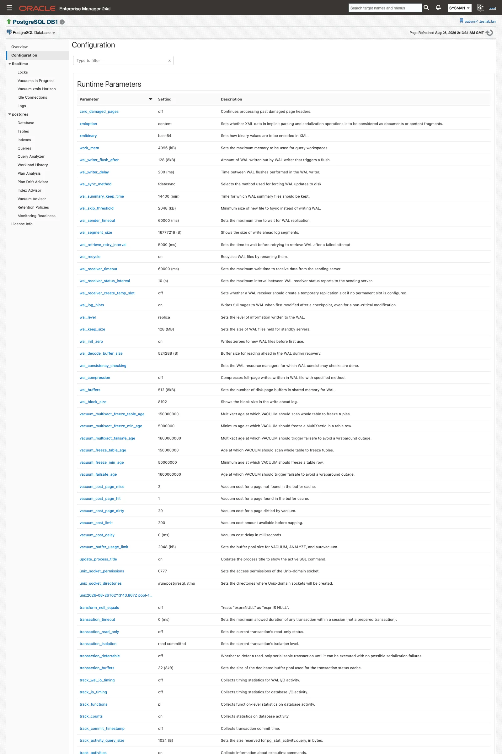 The Configuration page listing runtime parameters with their current, boot, and reset values