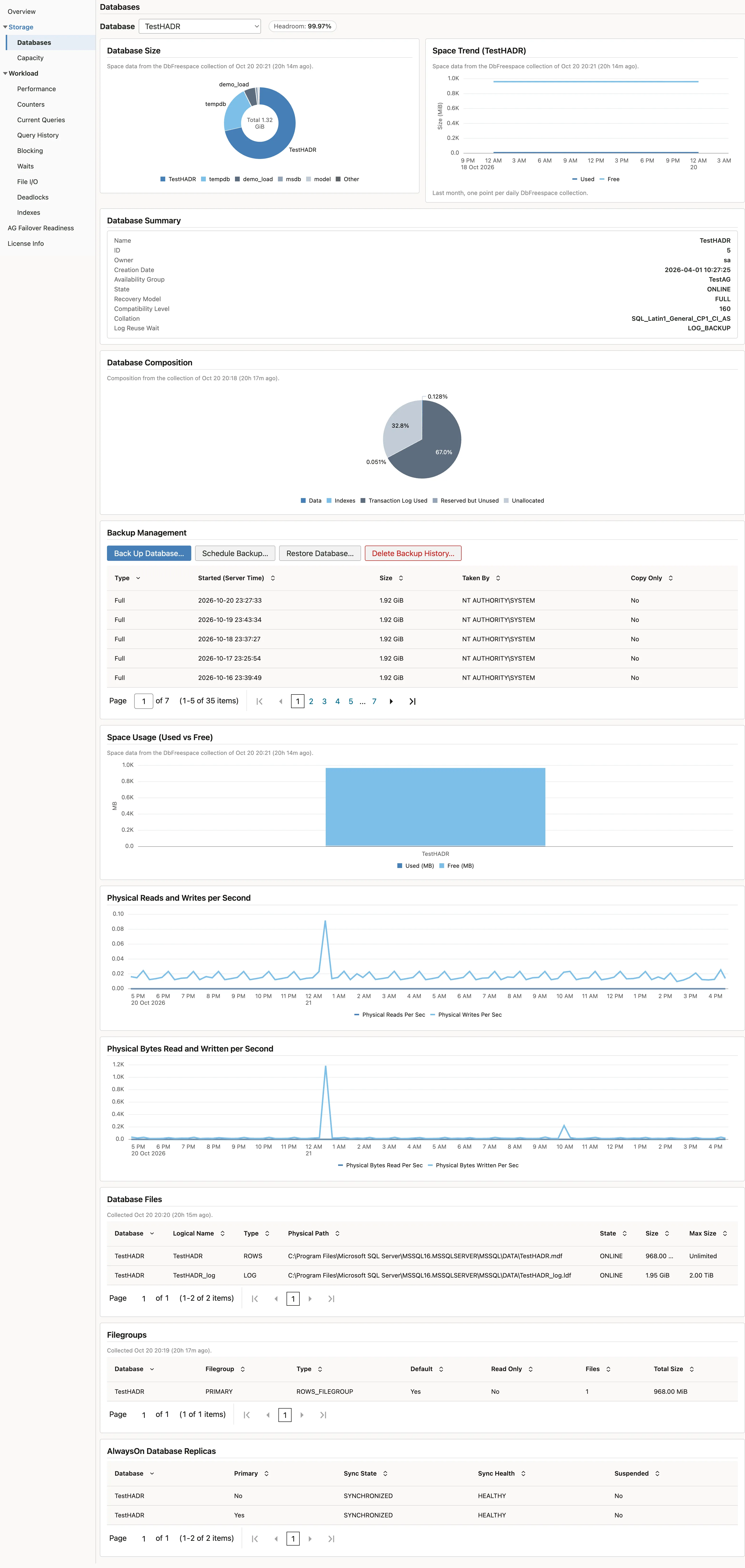 The Databases page, showing the used-versus-free space chart and the per-database summary