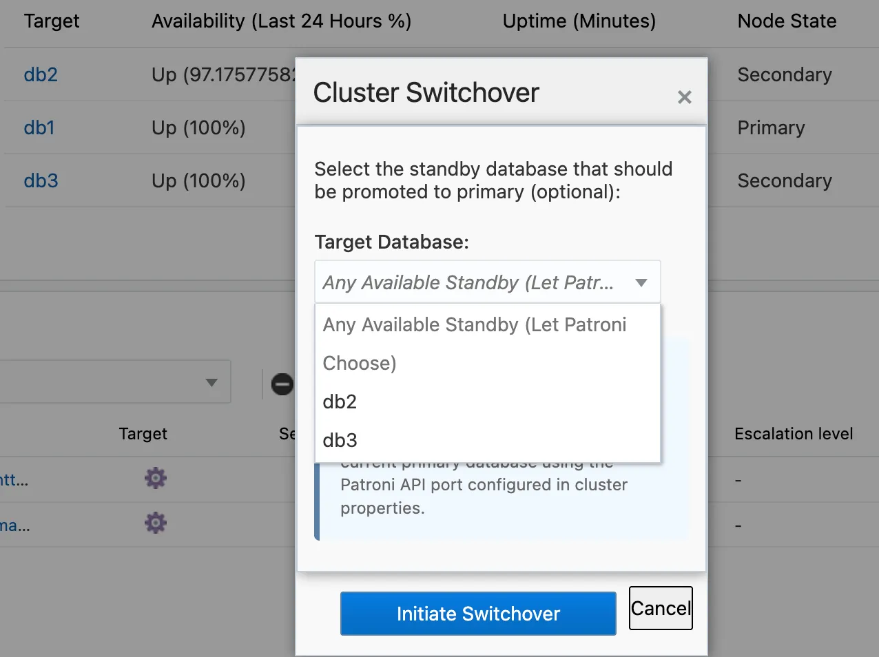 The switchover confirmation dialog with the target-node selector and Confirm/Cancel buttons