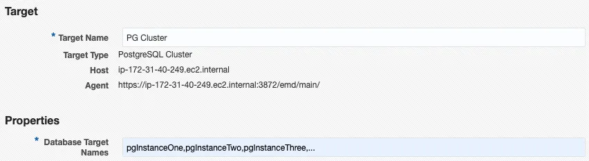 PostgreSQL Cluster target properties screen