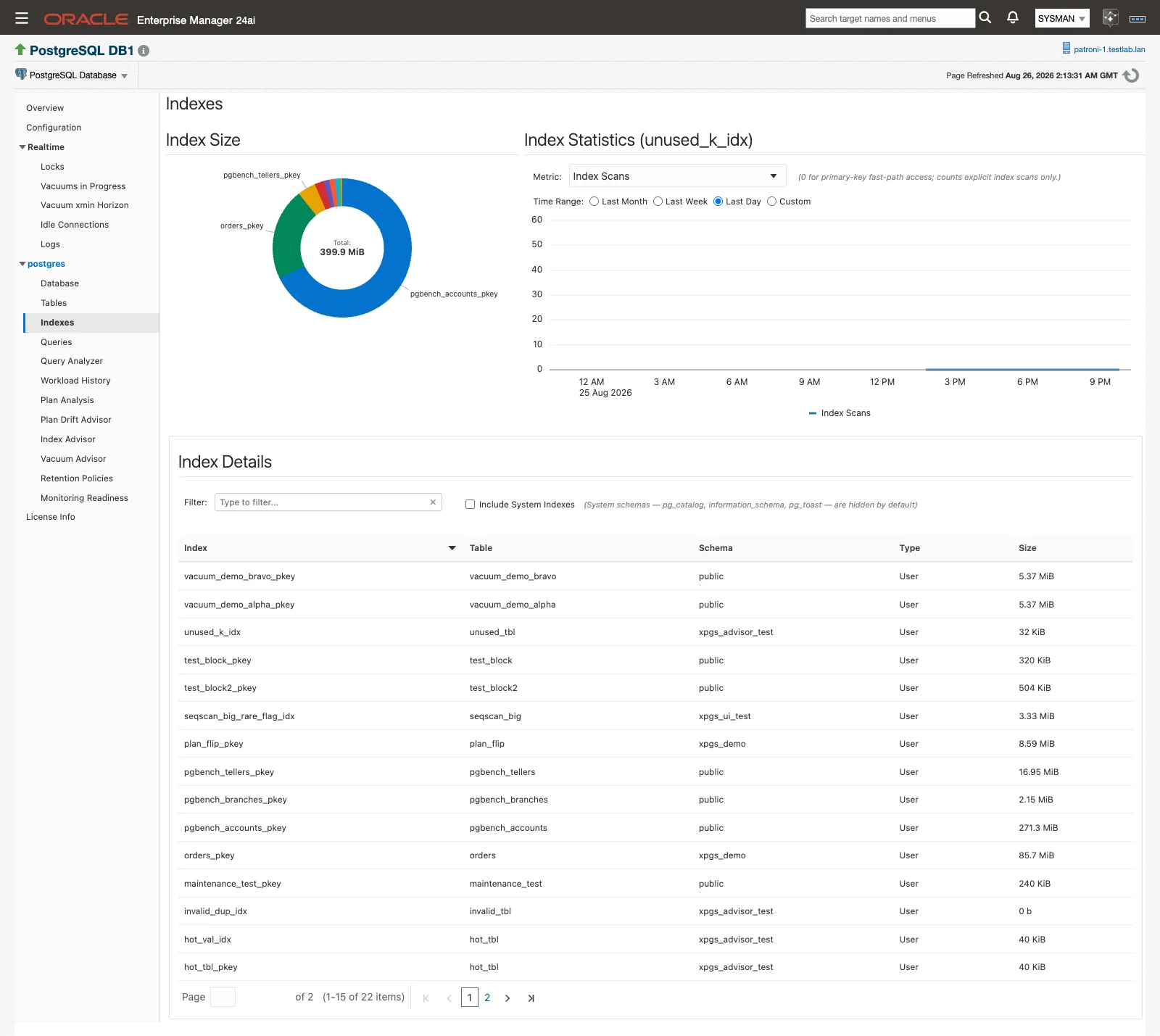 The Indexes page showing index size and statistics charts above the Index Details list