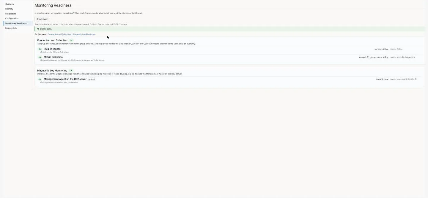 IBM Db2 Instance Monitoring Readiness page