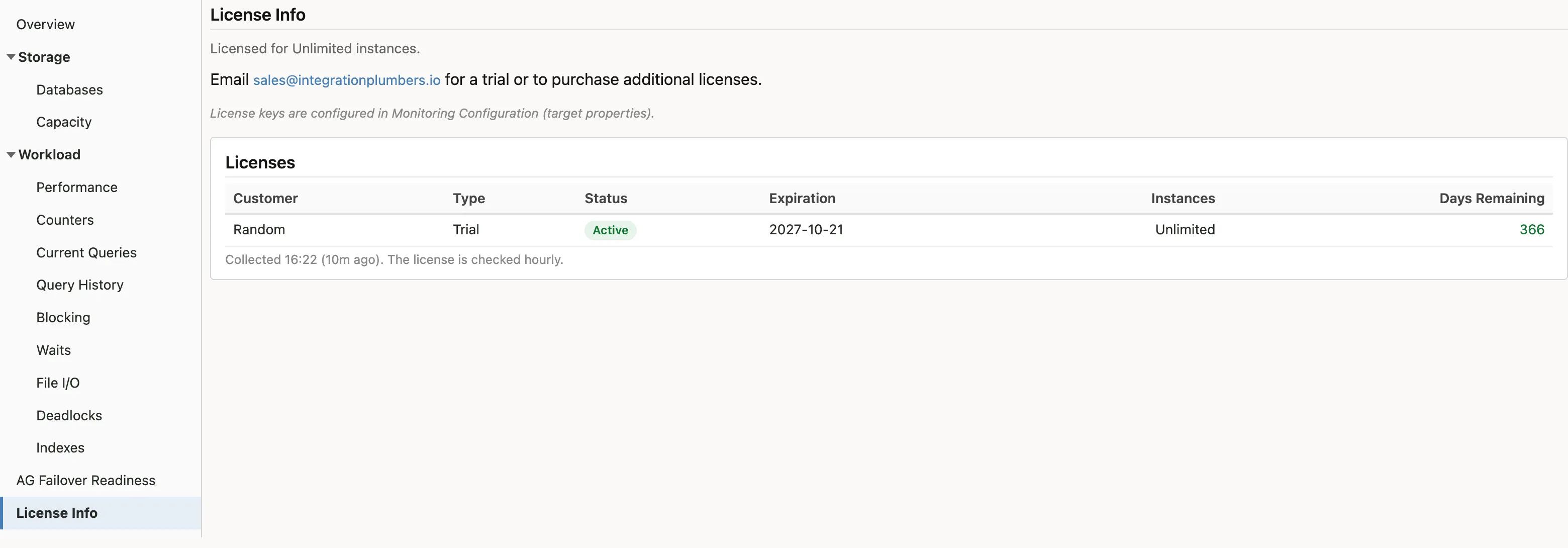 The License Info page, showing the licence table for the target