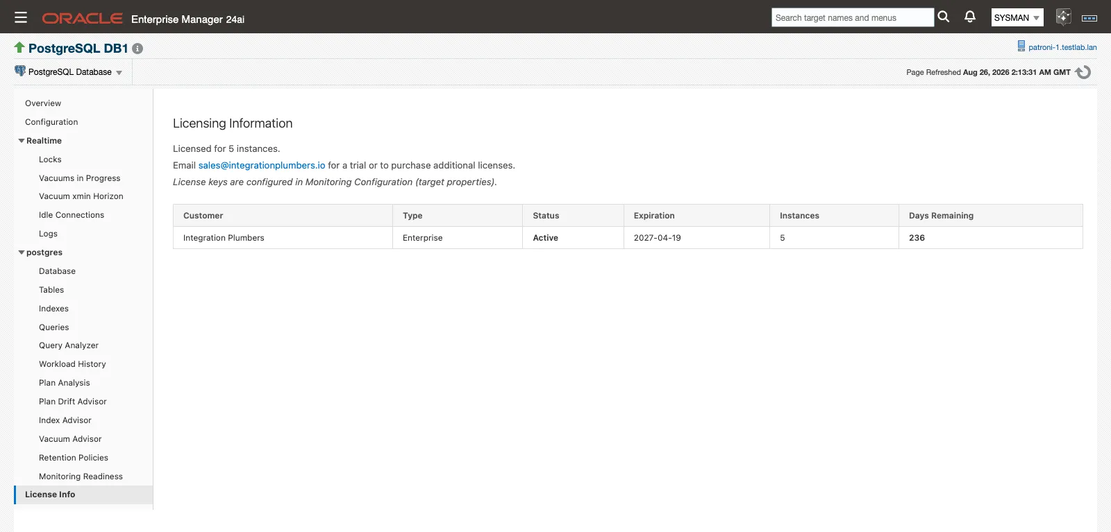 The License Info page showing the license table with Customer, Type, Status, Expiration, Instances, and Days Remaining