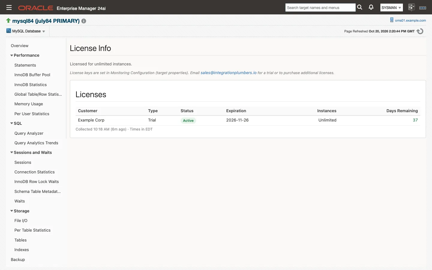 The License Info page: the Licenses table with the customer, type, status, expiration, instances and days remaining