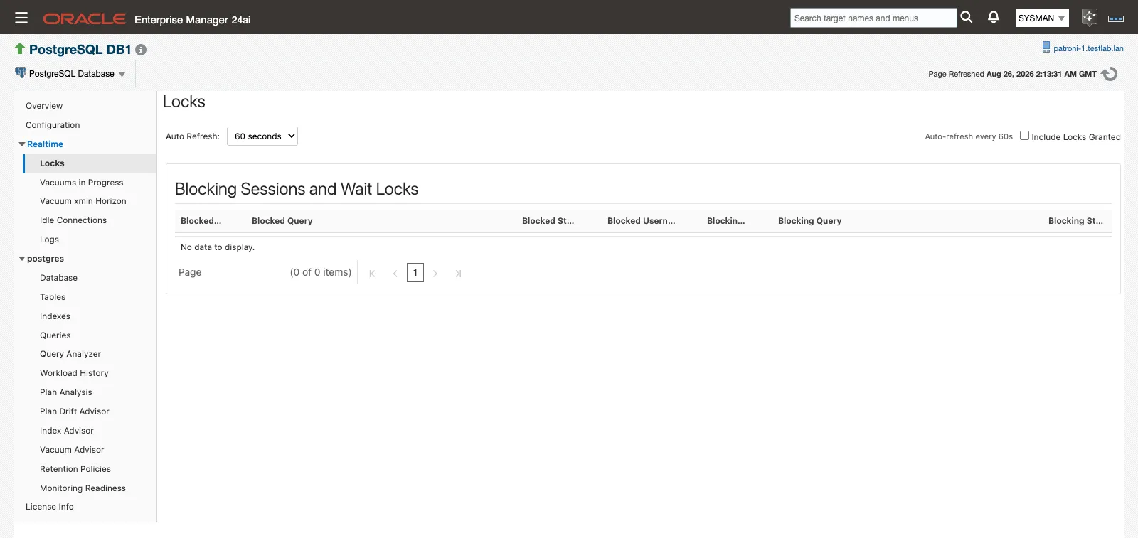 The Locks page listing blocked and blocking sessions